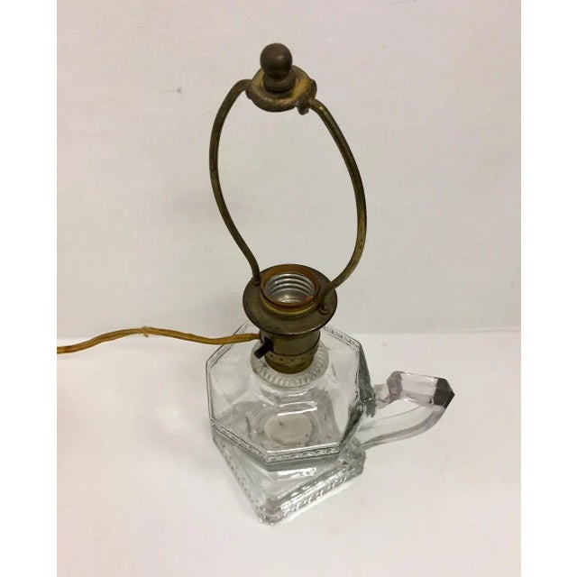 Antique Greek Key Pressed Glass Electrified Oil Lamp For Sale - Image 4 of 12