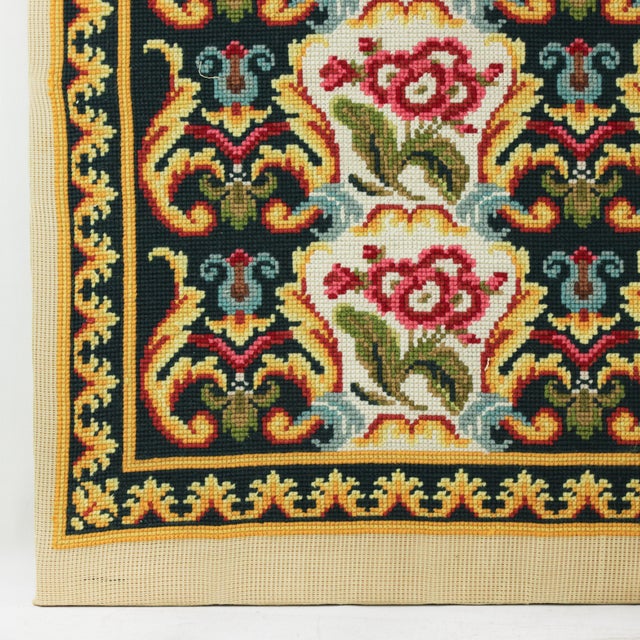 Vintage Floral Needlepoint Textile Art – Decorative Rose and Scrolling Acanthus Leaf Motif For Sale - Image 4 of 8
