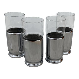 1950s Chrome Sleeve Tumblers – Set of 4 Clear Glasses With Cork-Lined Holders For Sale