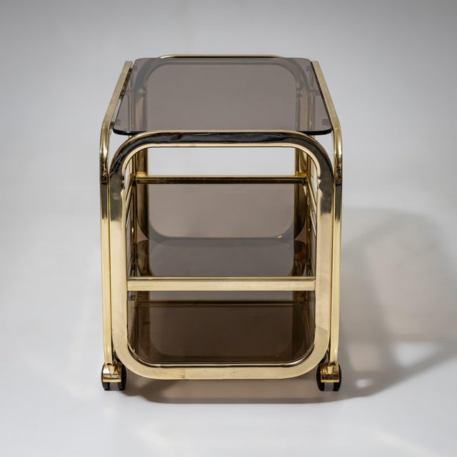 Vintage Brass and Smoked Glass Bar Cart, 1980s For Sale - Image 6 of 10