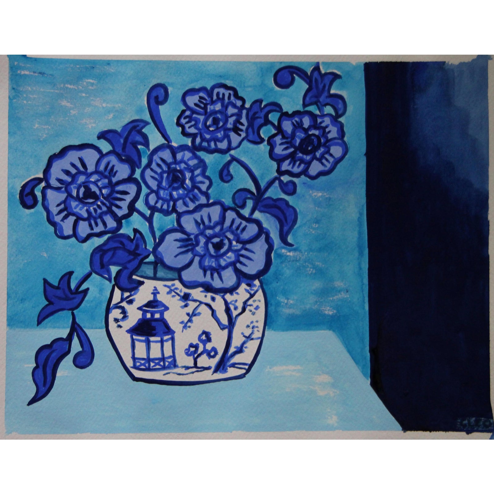 Floral and Blue Willow Vase by Cleo Plowden Chairish