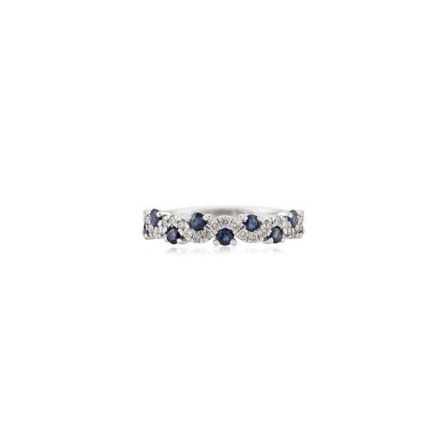 Natural Blue Sapphire & Diamond Wavy Half-Eternity Band Ring Size 5.5 in 14k Gold For Sale - Image 4 of 15