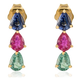 Natural Emerald Ruby & Sapphire Stud Earrings in 14k Gold- 2 Pieces For Sale