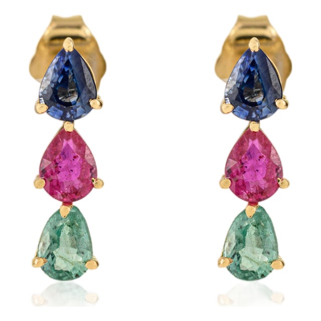 Natural Emerald Ruby & Sapphire Stud Earrings in 14k Gold- 2 Pieces For Sale