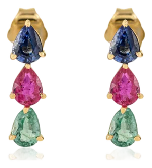 Natural Emerald Ruby & Sapphire Stud Earrings in 14k Gold- 2 Pieces