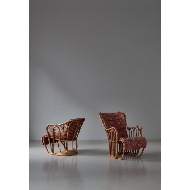Set of early edition rattan lounge chairs designed by Tove Lindt-Larsen and made by Wengler, Copenhagen in the 1940s....