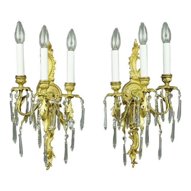 Pair of Vintage Restored French Gold Gilded Bronze & Crystal 3 Arm Wall Sconces For Sale