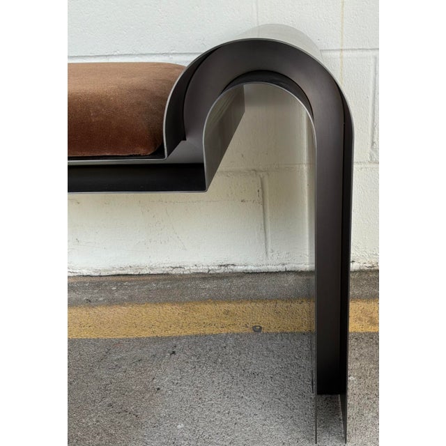 Original retail $3125, stylish Caracole Modern Chocolate Brown Velvet Beau Bench, bronze metal frame, showroom floor sample