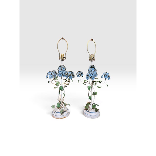 Striking pair of vintage Italian tole floral table lamps, circa 1950s–1960s, retaining their wonderfully aged original...