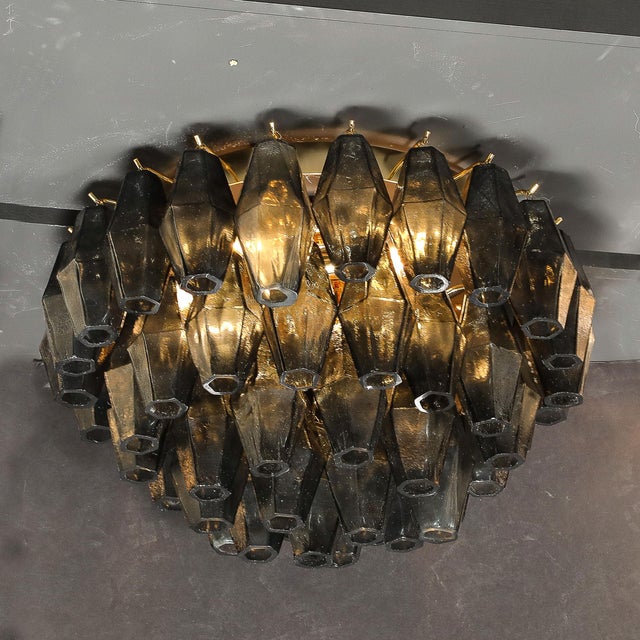 Modernist Handblown Murano Smoked Glass Polyhedral Flush Mount W/ Brass Fittings For Sale - Image 11 of 16
