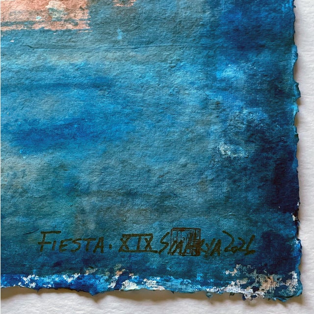 Fiesta. XIX White Framed Surreal Neon Orange/Blue Painting For Sale - Image 4 of 6