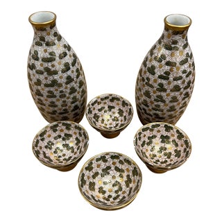 1960s Cloisonné Style Porcelain Sake Set- 6 Pieces For Sale