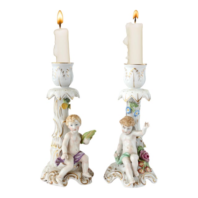 C. 1930s Porcelain Cherub Candleholders For Sale