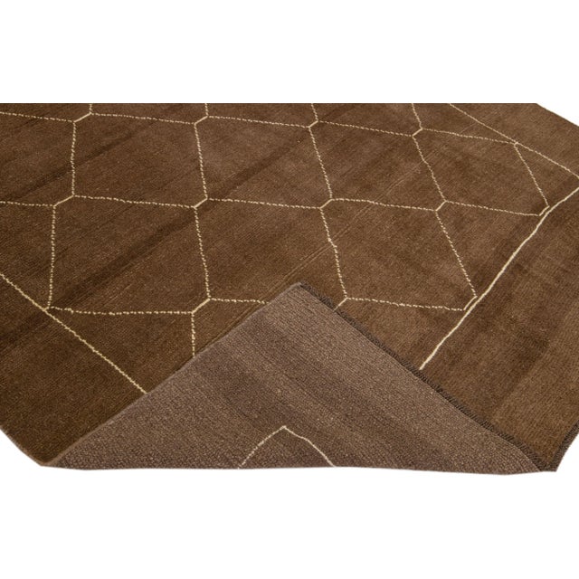 Textile Brown Modern Moroccan Style Handmade Wool Rug With Geometric Motif For Sale - Image 7 of 8