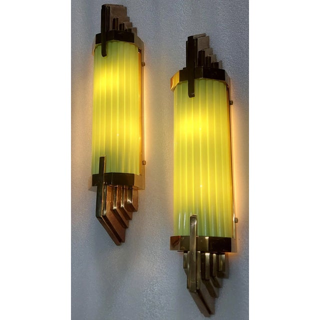 Pair Skyscraper Vintage Art deco light Old Lamp Wall Sconces Fixture Brass & Opaline Green Glass Rod Ship Light Excellent...