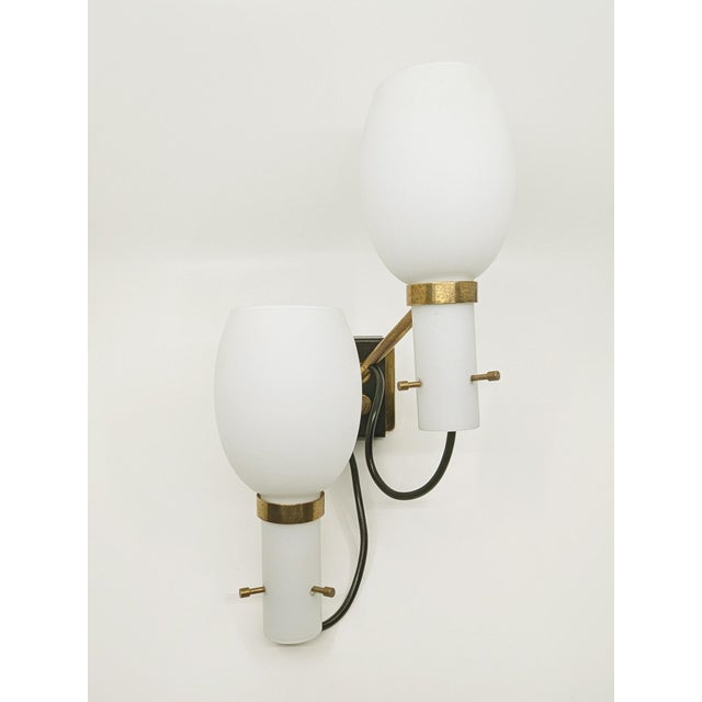 Mid-Century Italian Black Metal, Brass and Opaline Glass Sconces, 1950s, Set of 2 For Sale - Image 10 of 18
