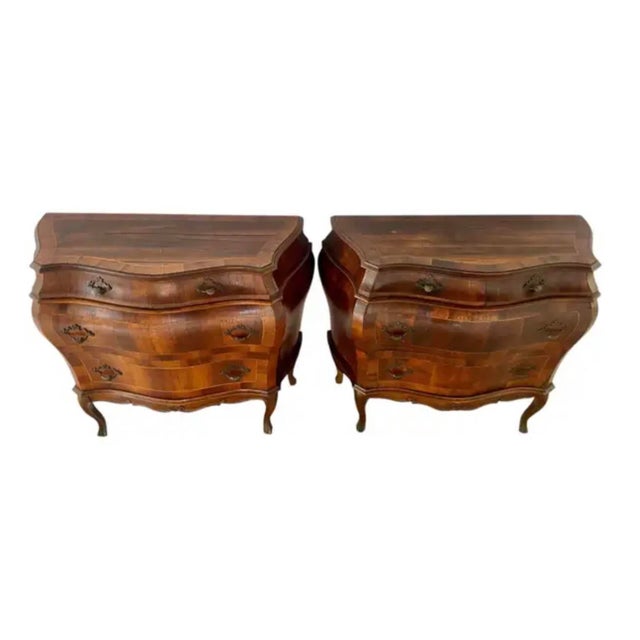 Mid 20th Century Italian Inlaid Walnut Bombé Commodes, Baroque Style, Mid-20th Century For Sale - Image 5 of 18