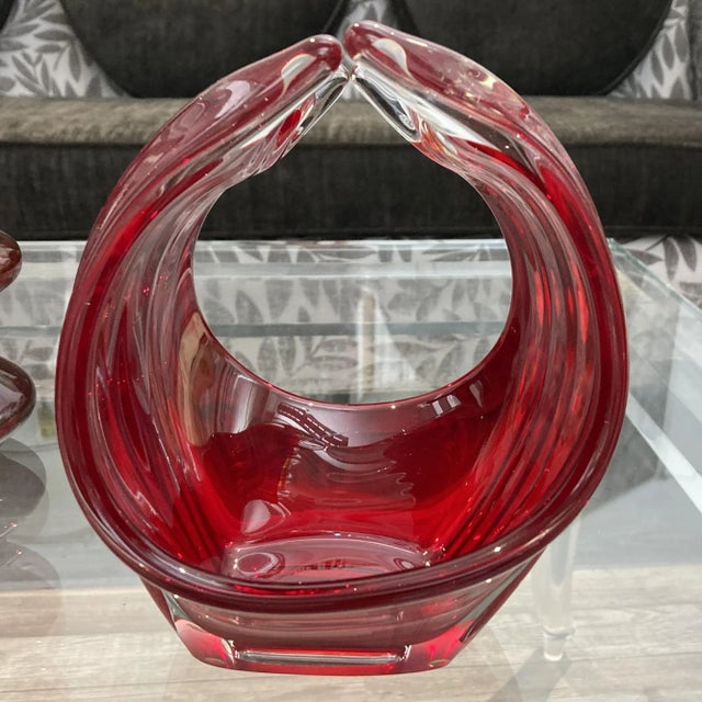1960s Vintage Red Cased Glass Chalet Sculptural Basket For Sale - Image 5 of 9
