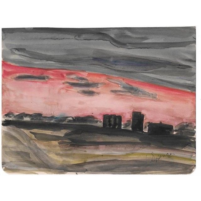 1950s MCM orange evening landscape by artist Virginia Spencer from a sketchbook of San Francisco scenes. Signed lower...