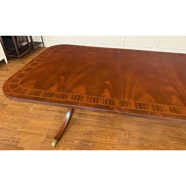 Brown Traditional Multi-Banded Double Pedestal Mahogany Dining Table by Leighton Hall - Showroom Sample For Sale - Image 8 of 18