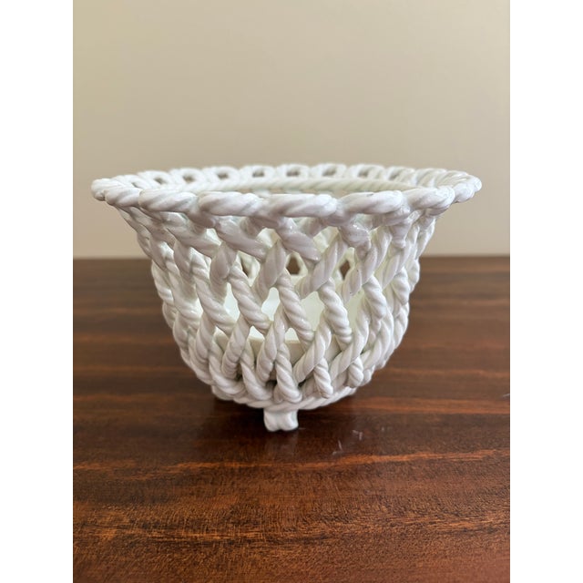 French Country White Ceramic Woven Rope Cachepot Basket For Sale - Image 4 of 7