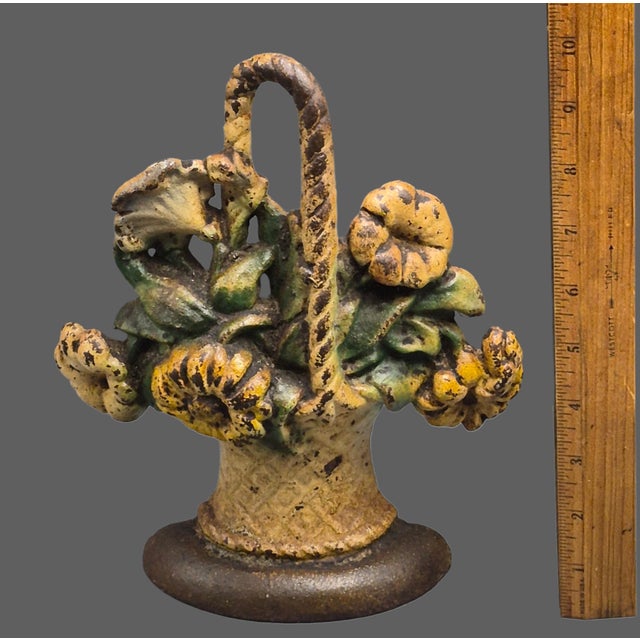 Early 20th Century Antique Cast Iron Yellow Flower Basket Doorstop For Sale - Image 5 of 8