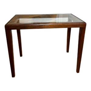 Vintage Minimalist Quartersawn Soild Oak Wood and Glass Top Low Accent Table