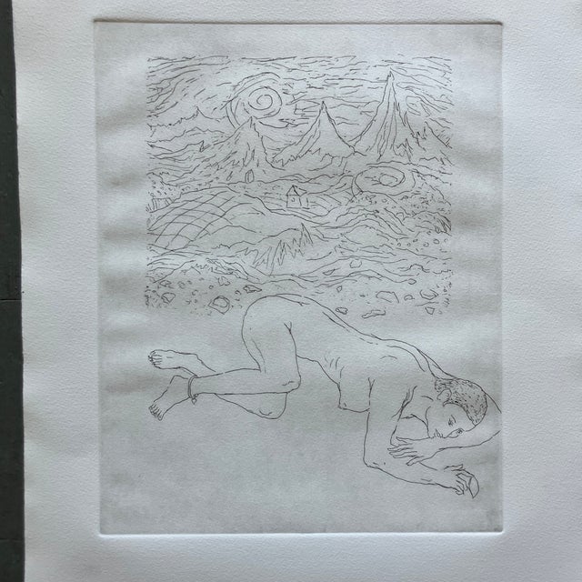 1970’s vintage female figure surreal folk art etching on rough edge paper. Signed. Etching measures 11x14 and paper...
