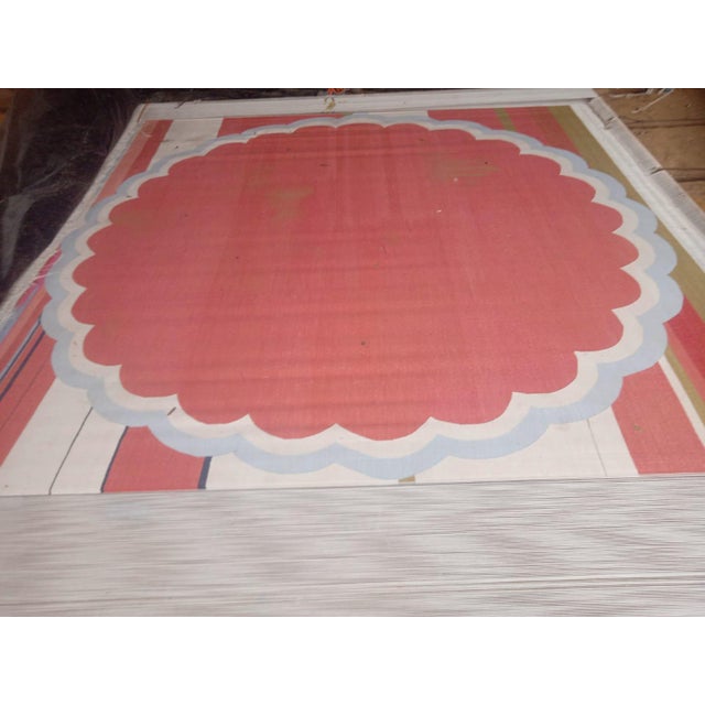 Handmade Cotton Round Scalloped Rug, Terracotta, Cream and Light Blue Round Dhurrie-9' Round For Sale - Image 9 of 13