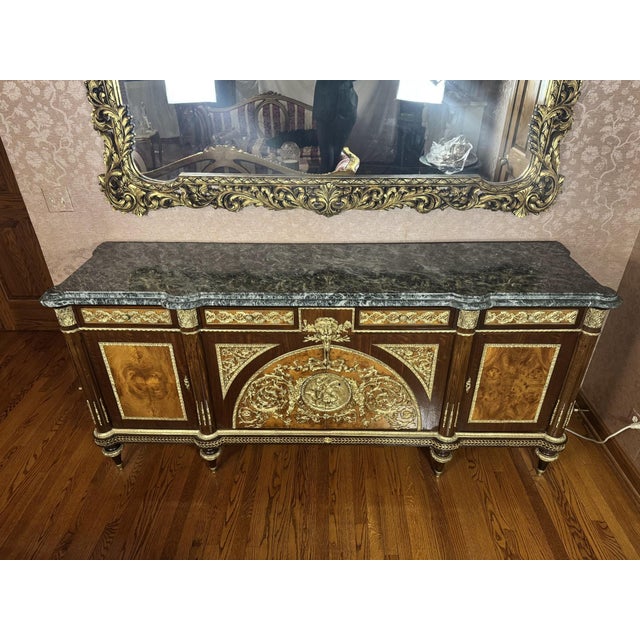 Mid 20th Century Mid 20th Century Louis XVI Style Gilt-Mounted Marquetry Commode With Green Marble Top For Sale - Image 5 of 5