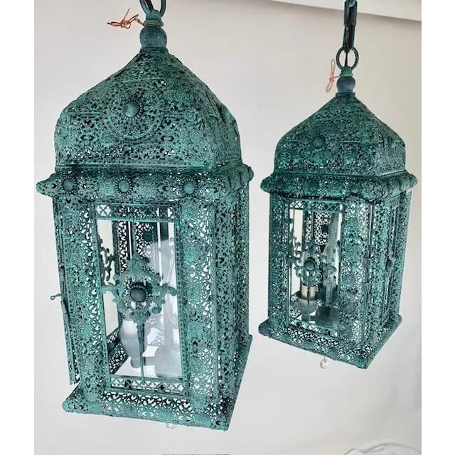 Modern 1950s Mediterranean Decorative Patina 3 Light Cluster Lanterns With Matching Chain and Canopy - Pair For Sale - Image 3 of 12