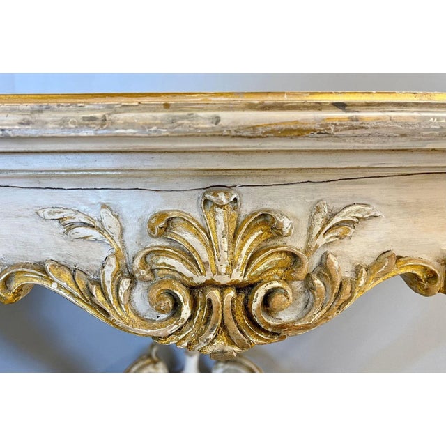 Rose Italian Parcel Paint and Gilt Decorated Faux Marble-Top Console Tables - a Pair For Sale - Image 8 of 13