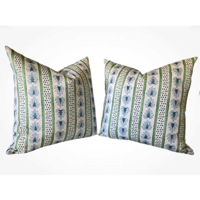 One Pair of blue and green print 100 percent cotton denim stripe down and feather pillows newly made with a kravet solid...