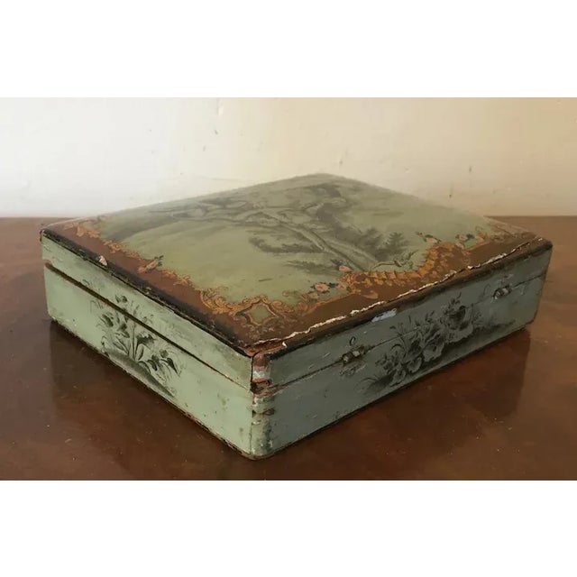Antique Grand Tour 18th century paint decorated jewelry trinket box, boite de Spa or jolité. Profusely decorated en...