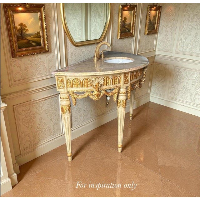 Cream Louis XVI French Marble-Top Vanity With Giltwood Urns, Garlands & Fleur-De-Lis For Sale - Image 8 of 10