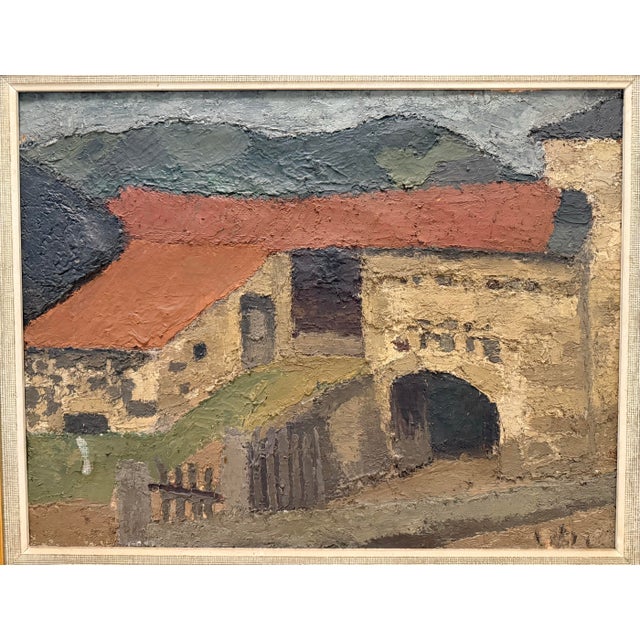 Mid century oil painting in a gold wood frame by french artist Louise Delorme (1928-), titled "La Ferme Au Loustalet"....