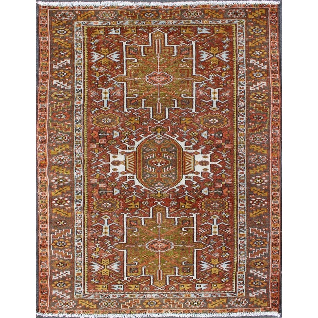 Olive Olive Green, Yellow Green, Rust Red Antique Persian Karadjeh Rug Geometric Design For Sale - Image 8 of 8