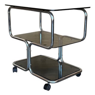 Mid Century Sleek Italian Three Tier Chrome and Glass Drinks Trolley On Castors For Sale