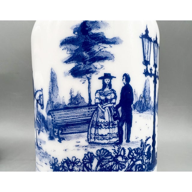 1970s 1970's Set of 3 Belgian White Milk Glass Apothecary Jars With Blue Transferware Equestrian Scenes – Victorian / English Country For Sale - Image 5 of 12
