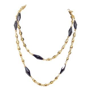 1980s St. John Opera Length 42" Gold Plated & Black Faceted Bead Necklace For Sale