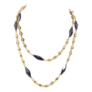 1980s St. John Opera Length 42" Gold Plated & Black Faceted Bead Necklace