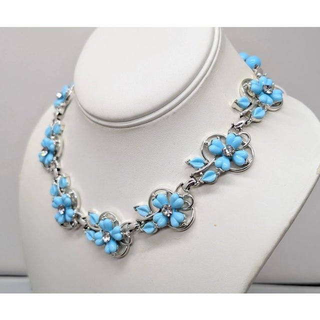 Vintage Signed Kramer Blue Flowers & Clear Rhinestone Necklace, Vogue 1955 For Sale In Philadelphia - Image 6 of 11