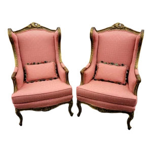 French Louis XV Style Carved Gold Giltwood Bergere Wing Chairs - a Pair
