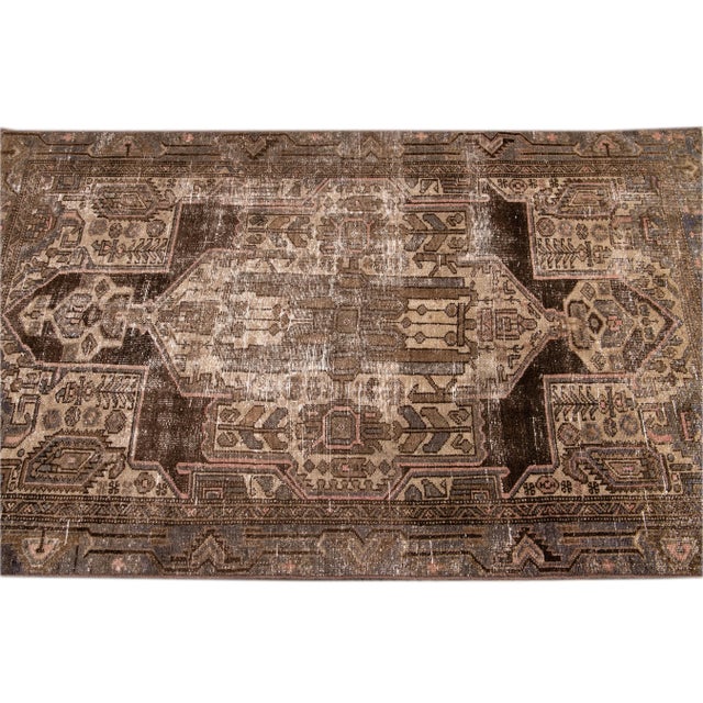 Vintage Persian Distressed Handmade Brown Geometric Wool Rug For Sale In New York - Image 6 of 9