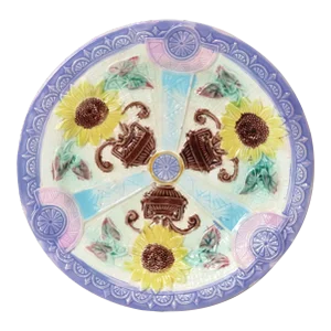 Antique 1880s Victorian Signed Wedgewood England Majolica Serving Dish With Sunflowers