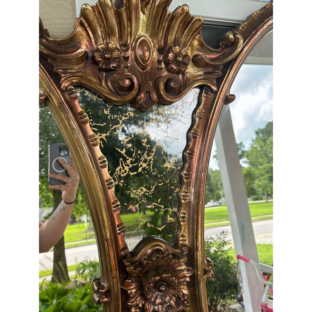 1970s Hollywood Regency Gold Double Mirror Large Gilt With Ornate Scrollwork and Mercury Glass For Sale - Image 6 of 10