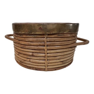 Midcentury Pencil Reed & Brass Basket For Sale