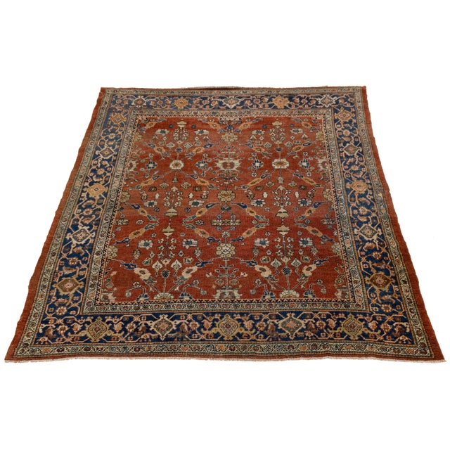 Persian Vintage Persian Mahal Rug Hand-Knotted Wool All-Over Floral Terracotta & Indigo For Sale - Image 3 of 9