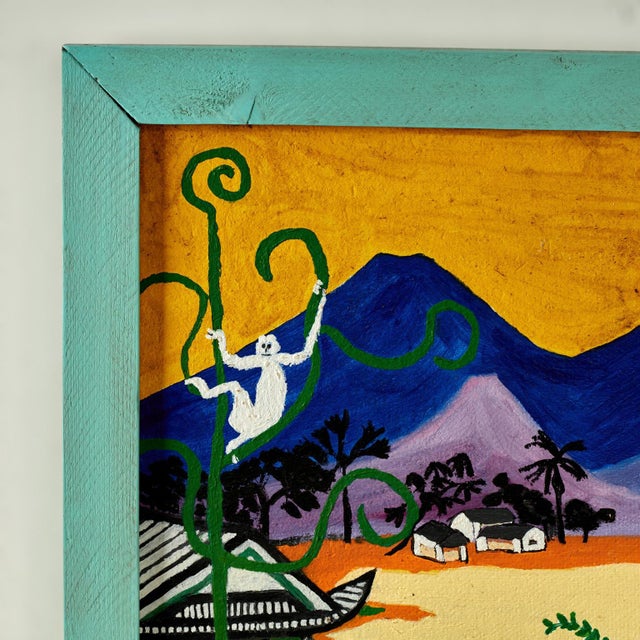 Mid-Century Modern Vintage Tropical Naive Painting With Palm Trees and Monkeys by Sylvia Bucchi For Sale - Image 3 of 9
