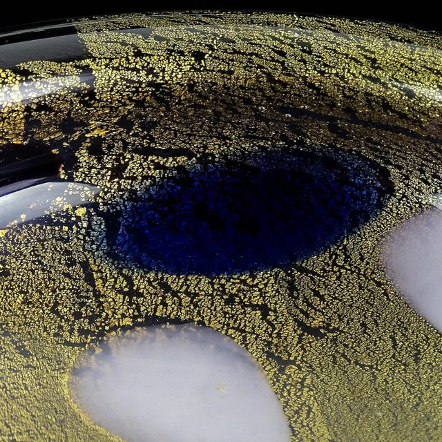 Murano Vintage Gold Flecks Blue Purple Black White Spots Italian Art Glass Midcentury Bowl For Sale In Orlando - Image 6 of 11